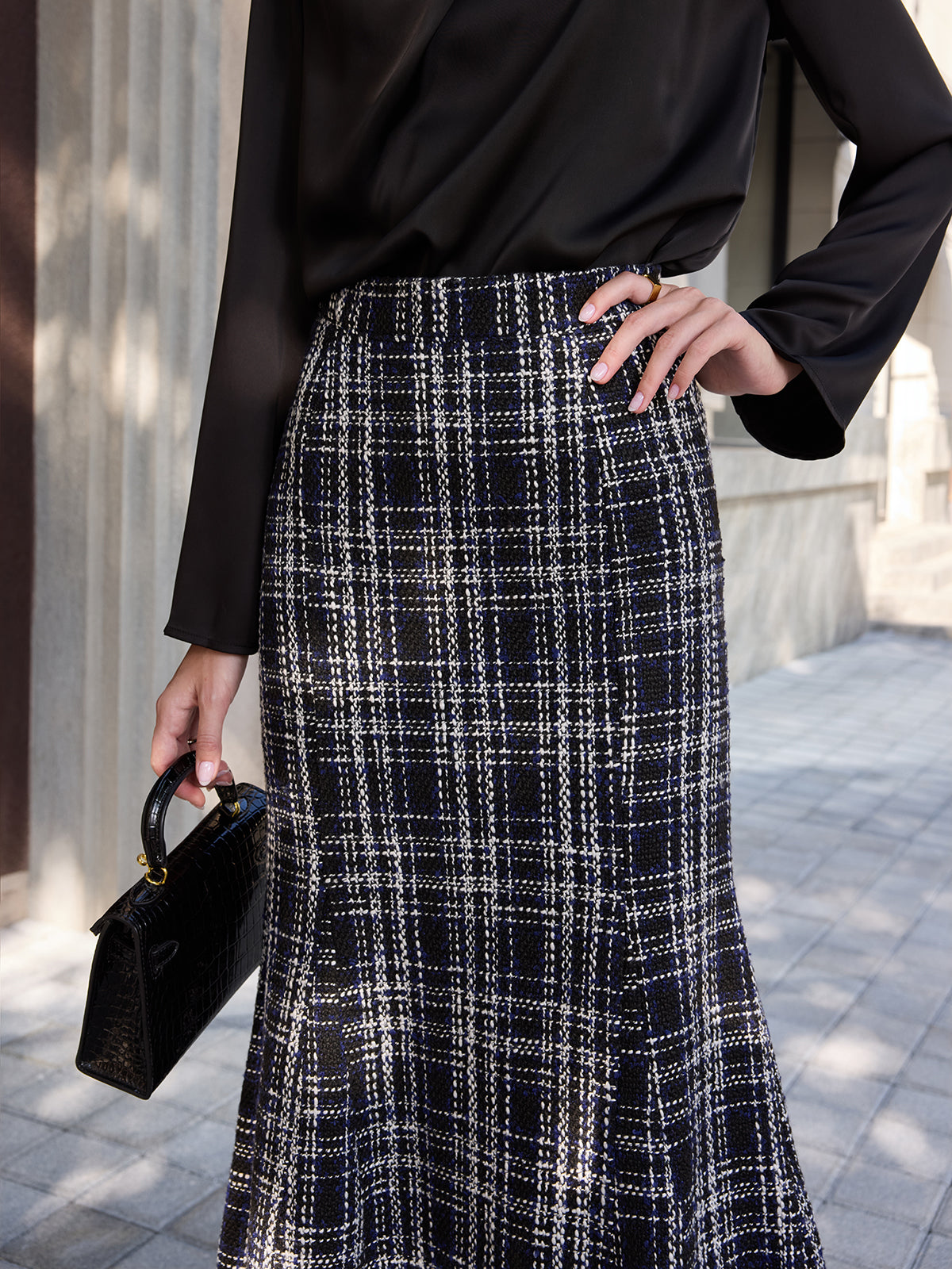 Tweed Ekose Püsküllü Midi Etek