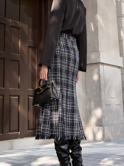Tweed Ekose Püsküllü Midi Etek