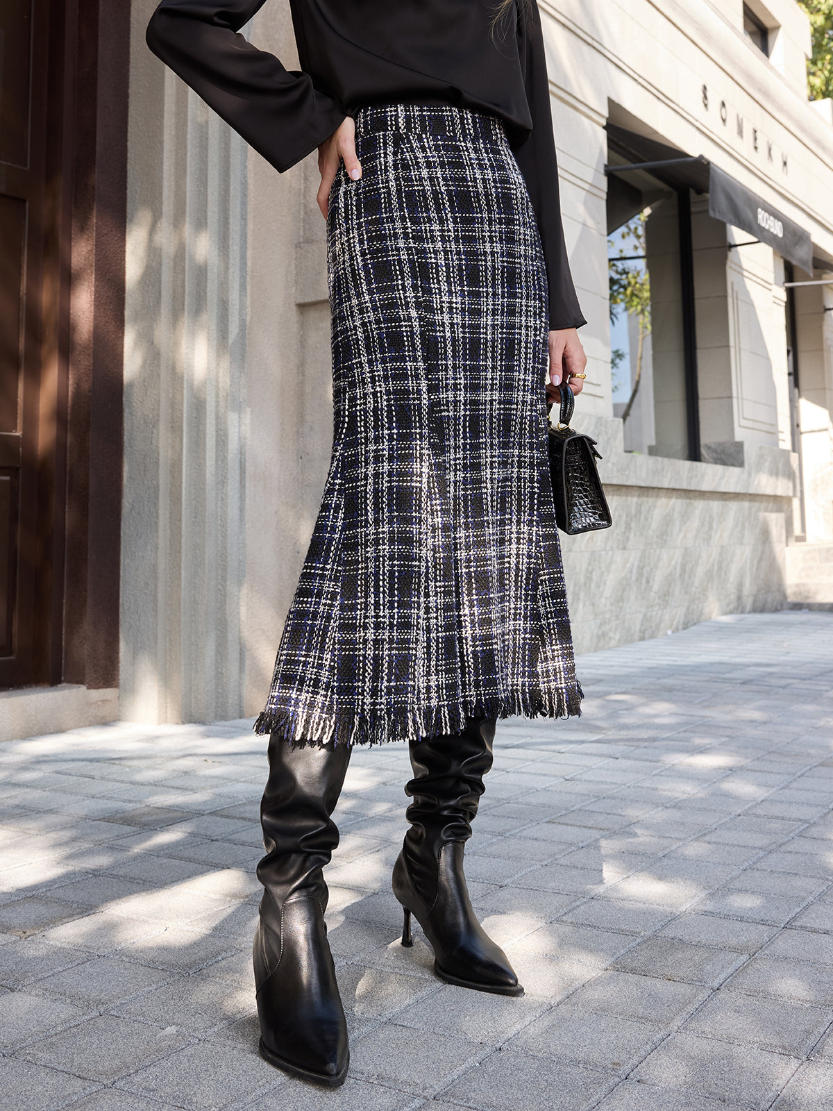 Tweed Ekose Püsküllü Midi Etek