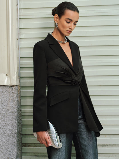 Saten Panelli Büzgülü Blazer Ceket