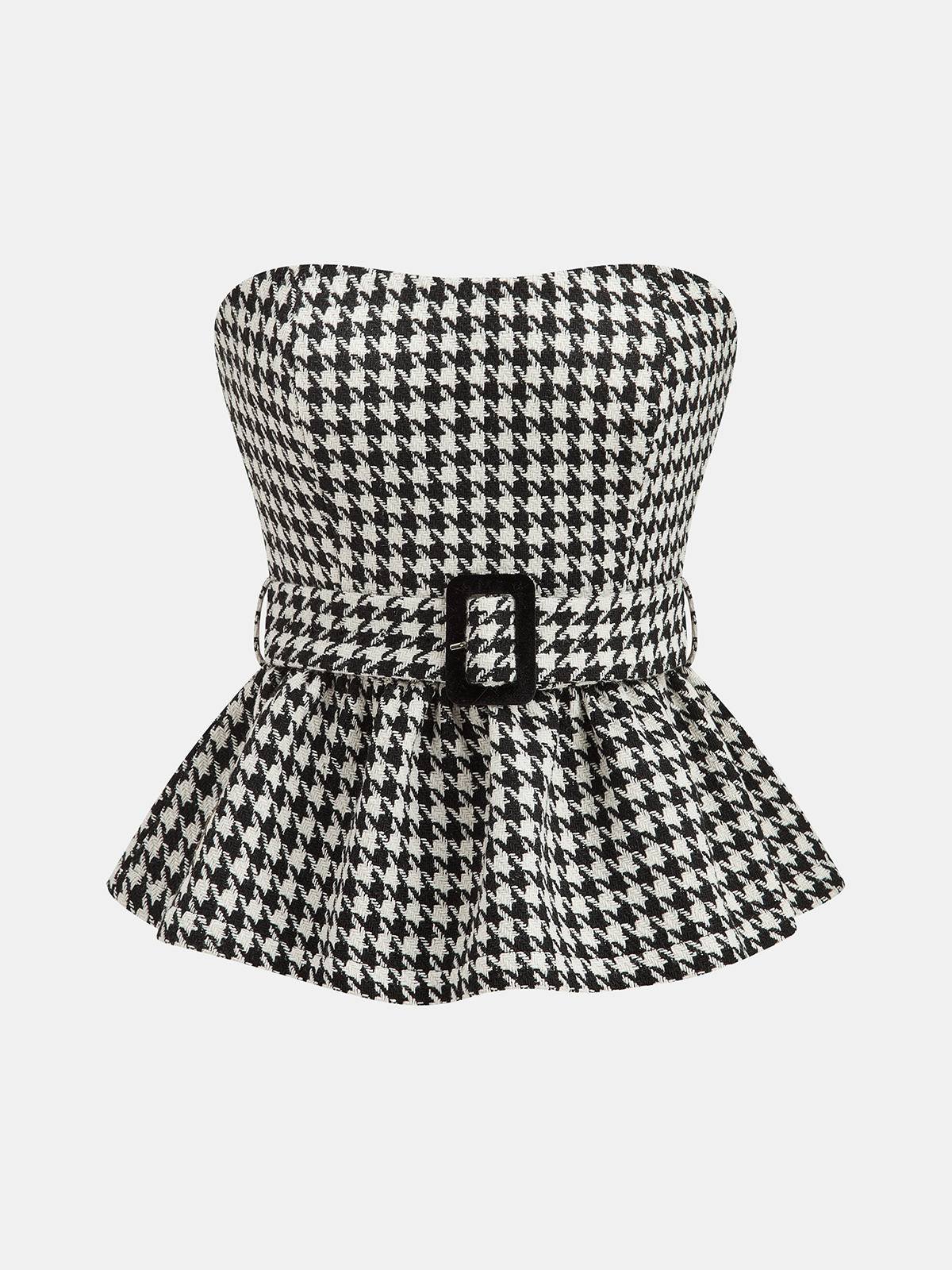 Ekose Desenli Askısız Kemerli Peplum Bluz
