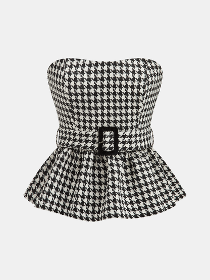 Ekose Desenli Askısız Kemerli Peplum Bluz