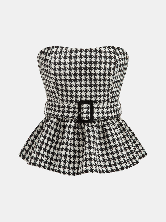 Ekose Desenli Askısız Kemerli Peplum Bluz