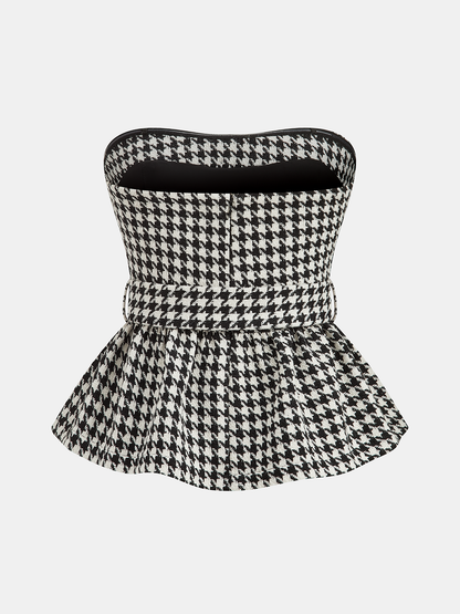 Ekose Desenli Askısız Kemerli Peplum Bluz