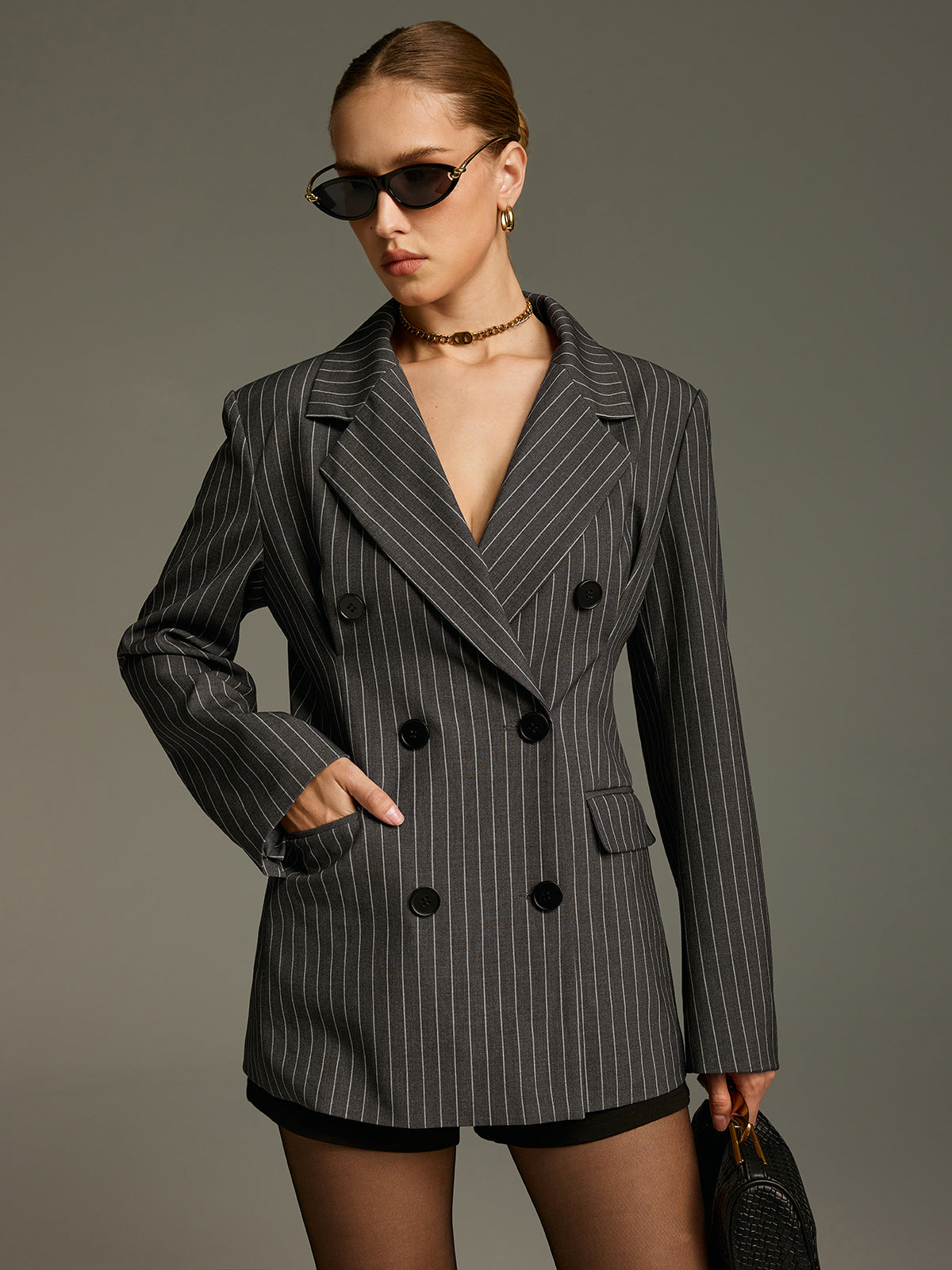 İnce Çizgili Kruvaze Blazer Ceket