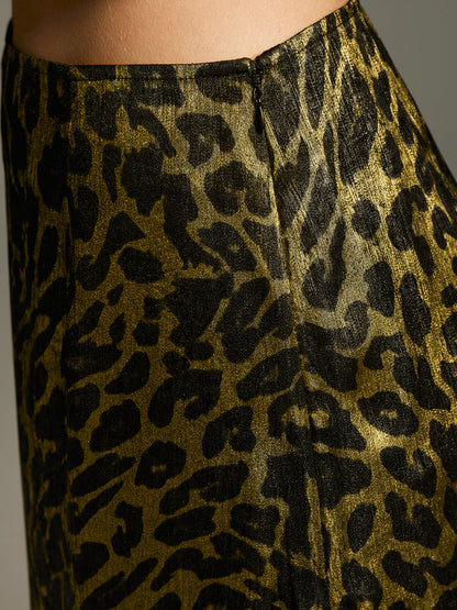 Leopar Desenli Dantel Detaylı Midi Etek