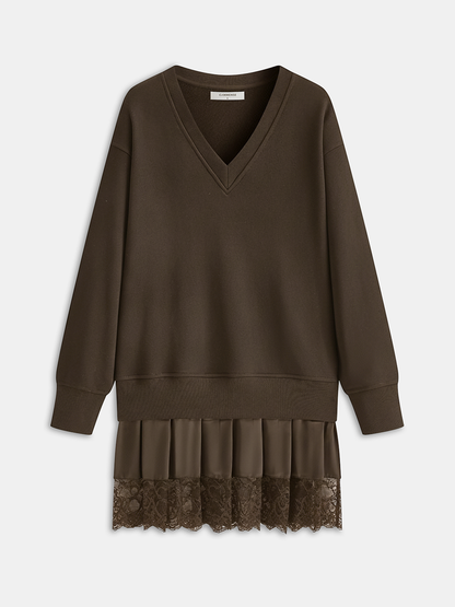 Pileli Etek Ucu Dantel Detaylı Sweatshirt Elbise