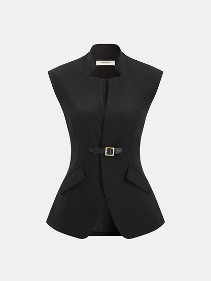 Çentikli Yaka Toka Detaylı Blazer Yelek