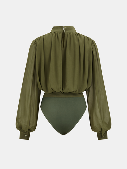 Yarı Transparan Kabarık Kollu Dantelli Bodysuit