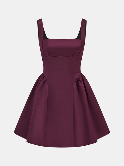 Kare Yakalı Saten Kloş Mini Elbise