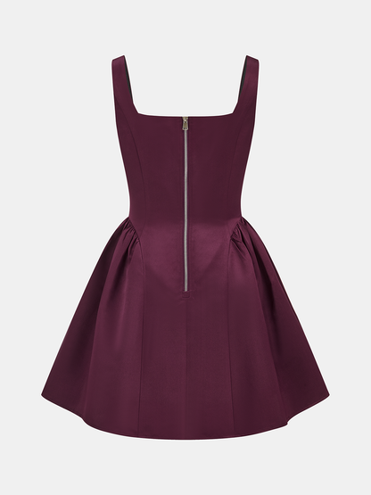 Kare Yakalı Saten Kloş Mini Elbise