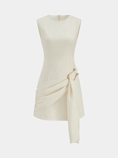 Tencel Karışımı Asimetrik Tokalı Büzgülü Mini Elbise