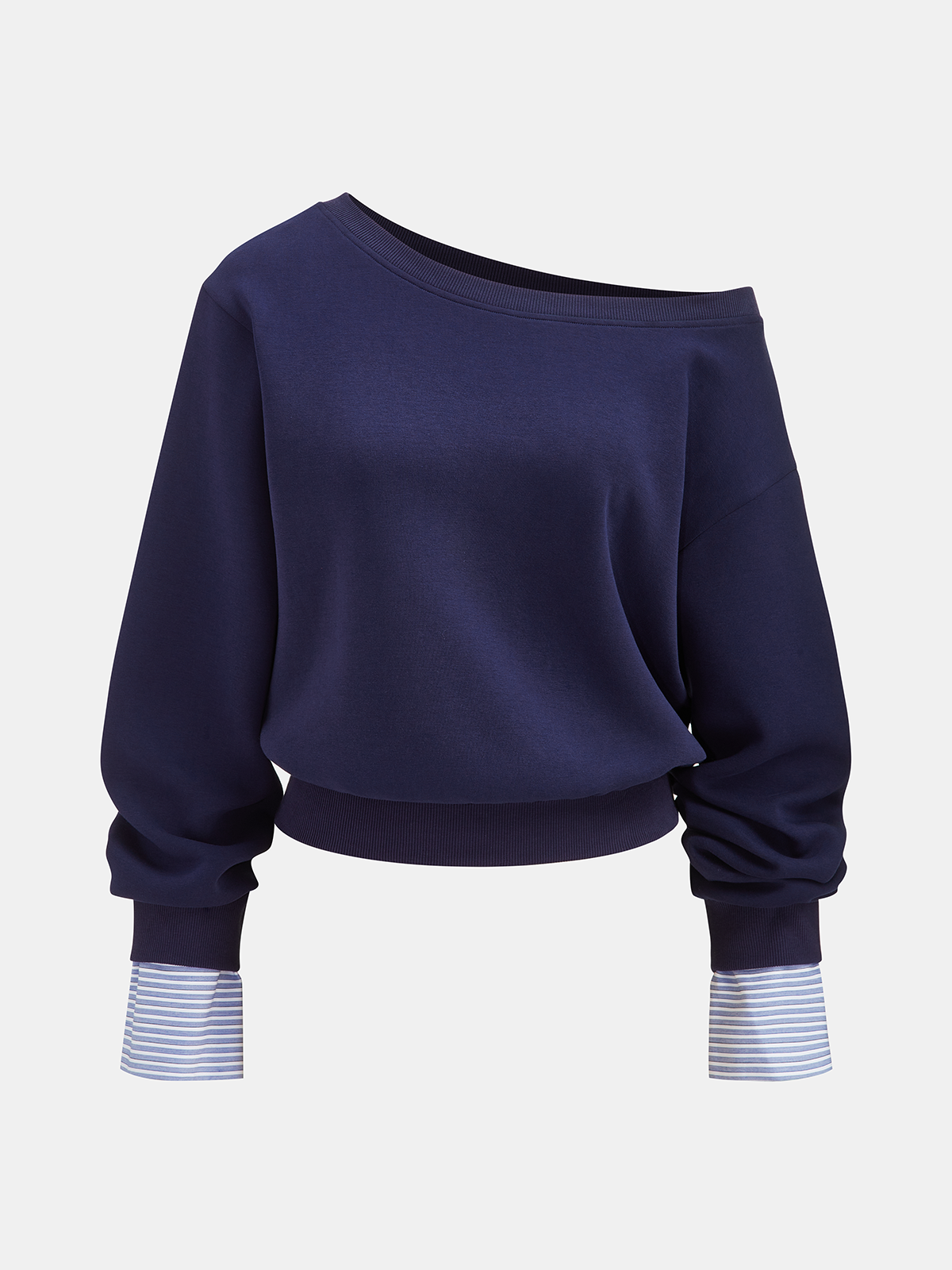 Çizgili Manşetli Omuzdan Düşen Sweatshirt