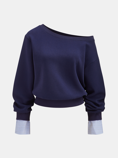 Çizgili Manşetli Omuzdan Düşen Sweatshirt