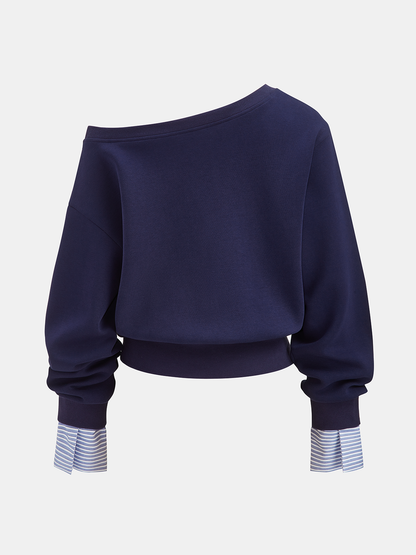 Çizgili Manşetli Omuzdan Düşen Sweatshirt
