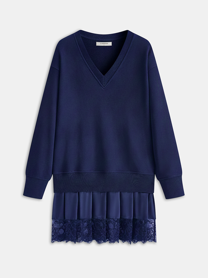 Pileli Etek Ucu Dantel Detaylı Sweatshirt Elbise