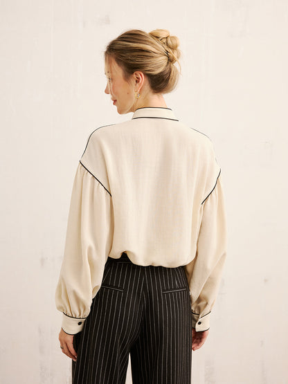 Kontrast Şeritli Mandarin Yaka Bluz