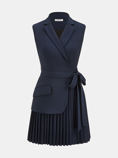 Kemerli Pileli Kolsuz Blazer Elbise