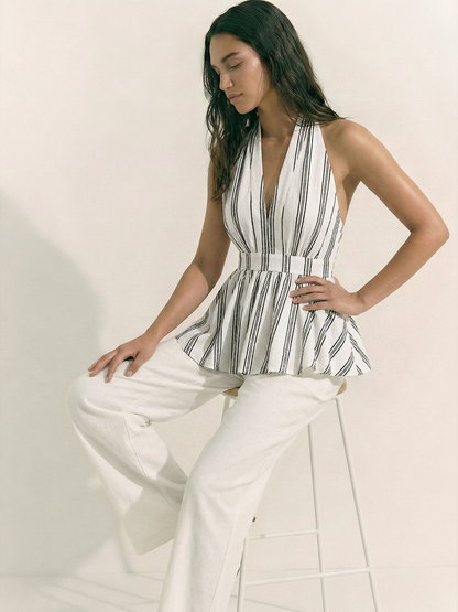 Pamuklu Çizgili Askılı Peplum Bluz