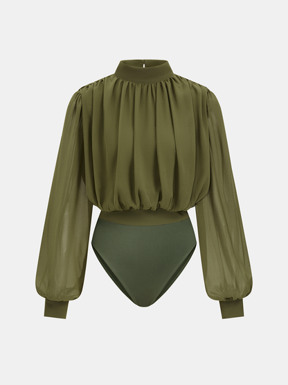 Yarı Transparan Kabarık Kollu Dantelli Bodysuit