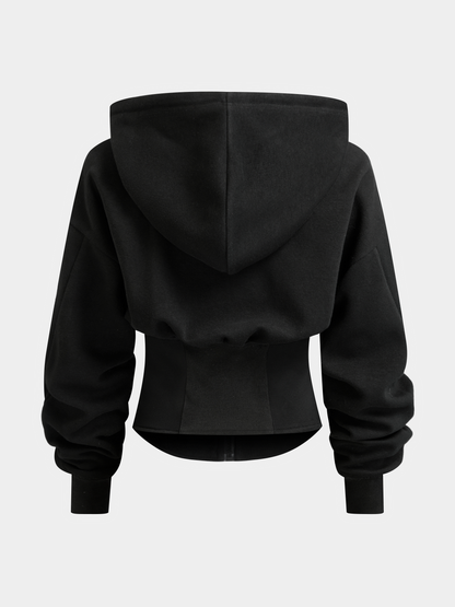 Korse Bel Detaylı Fermuarlı Kapüşonlu Sweatshirt
