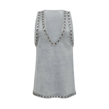 Daphné Mavi Kristal Detaylı Kolsuz Denim Mini Elbise