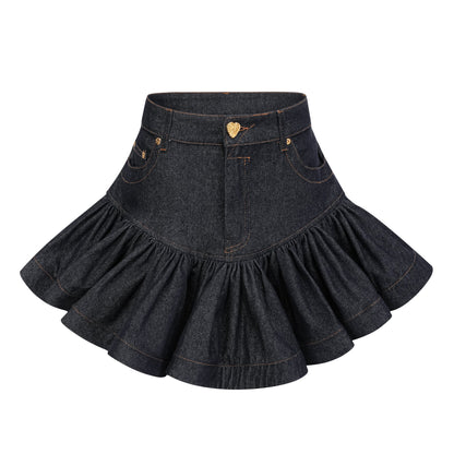 Florence Indigo Mavi Fırfırlı Denim Mini Etek
