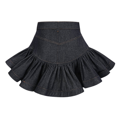 Florence Indigo Mavi Fırfırlı Denim Mini Etek
