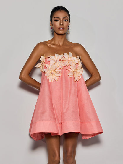 Gratho Mercan Straplez Çiçek Mini Elbise