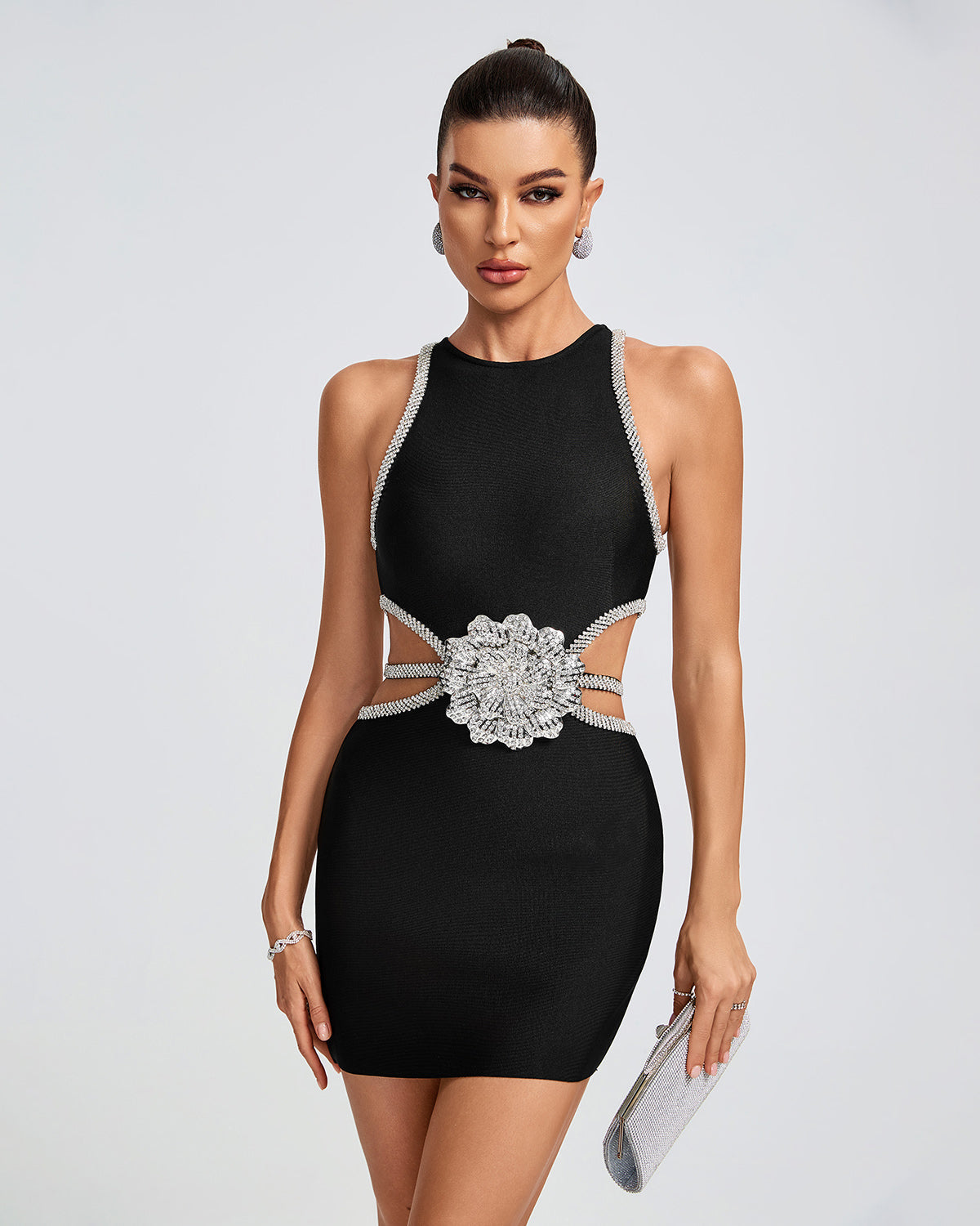 Taş Çiçekli Mini Bandaj Elbise