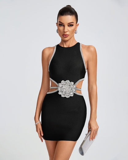 Taş Çiçekli Mini Bandaj Elbise