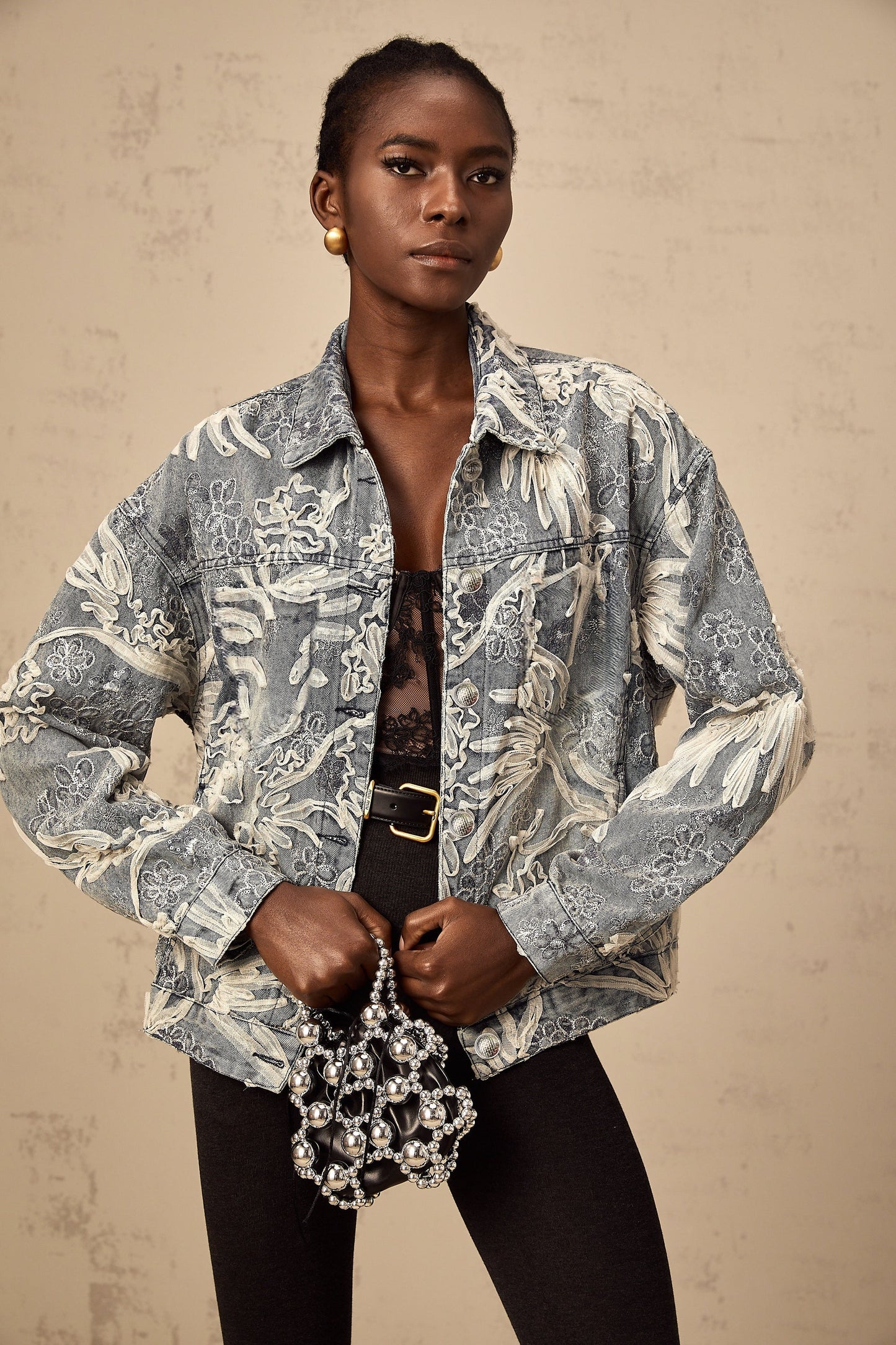 Mailys Mavi Pullu Çiçek İşlemeli Denim Ceket