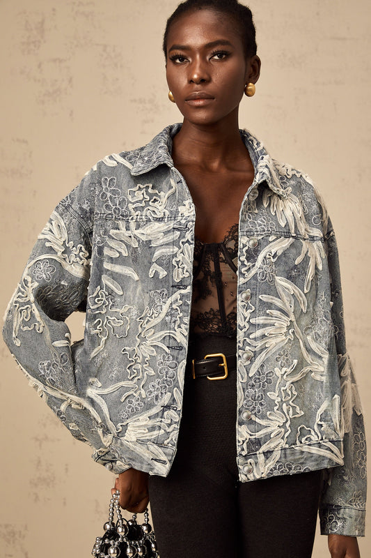 Mailys Mavi Pullu Çiçek İşlemeli Denim Ceket