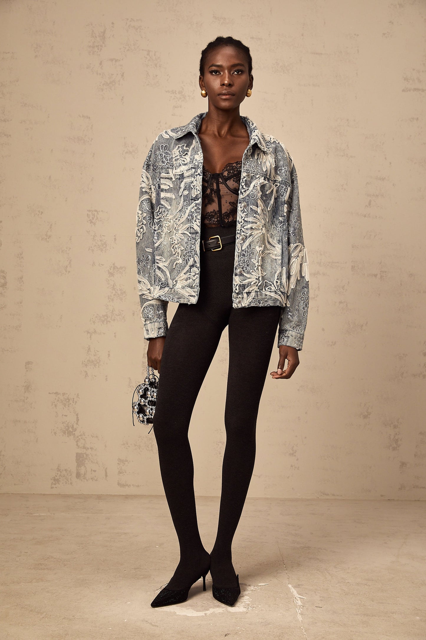 Mailys Mavi Pullu Çiçek İşlemeli Denim Ceket