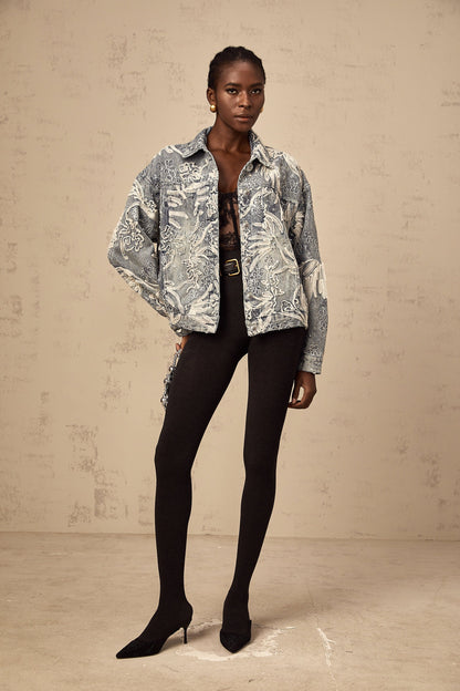 Mailys Mavi Pullu Çiçek İşlemeli Denim Ceket