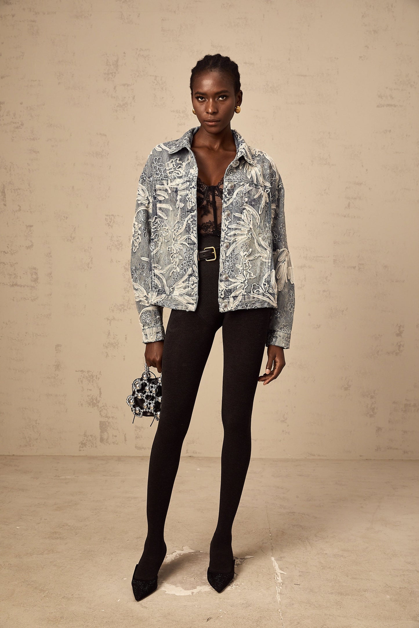 Mailys Mavi Pullu Çiçek İşlemeli Denim Ceket