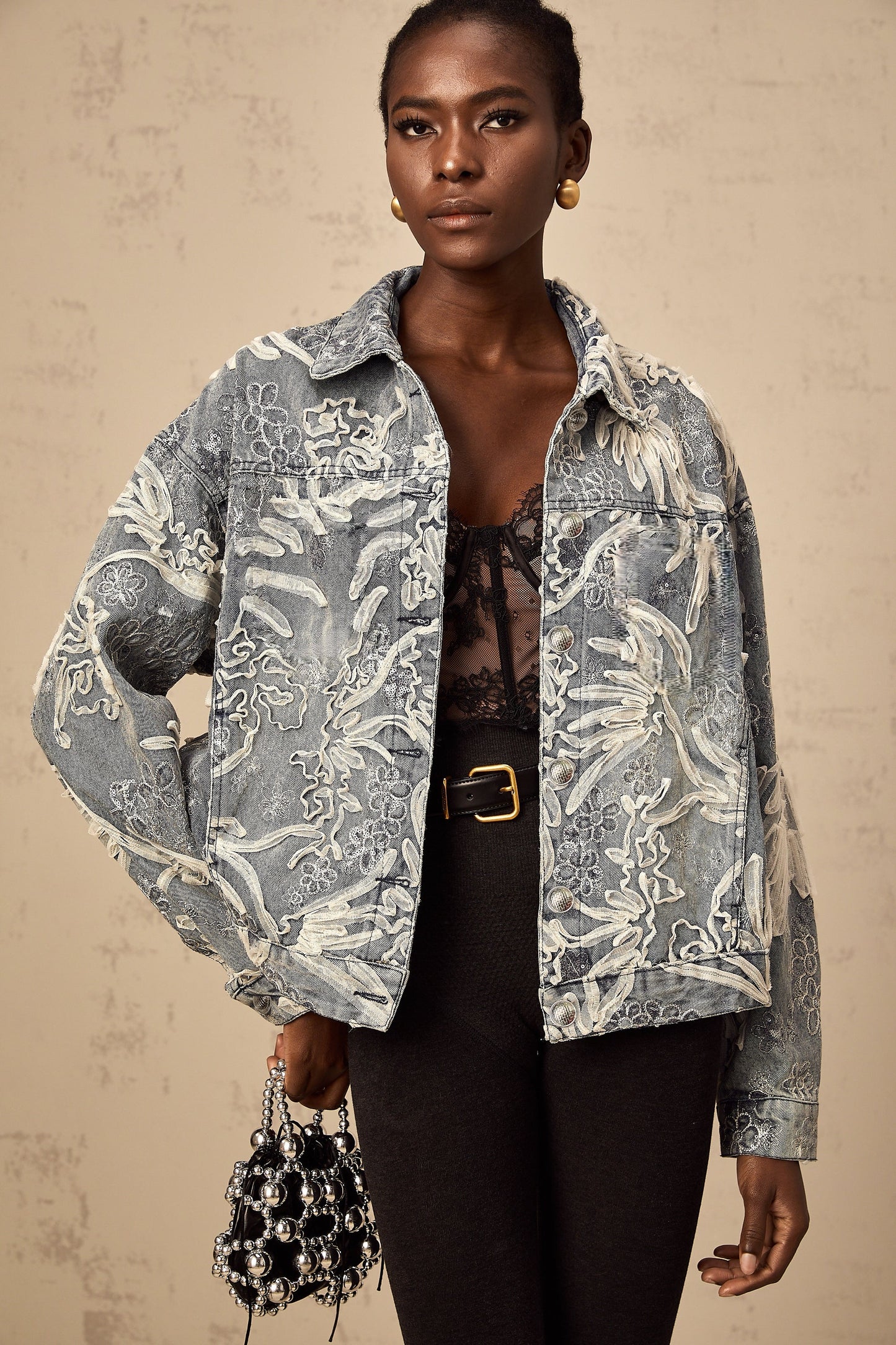 Mailys Mavi Pullu Çiçek İşlemeli Denim Ceket